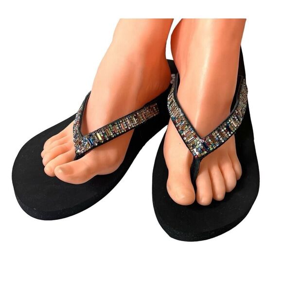 Yellow Box Flip Flops Black Sequined Thong Leather Sandals Women's 11 Zemily New - Picture 1 of 6